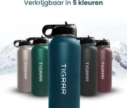 Tigrar - Waterfles - Drinkfles - Thermosfles 1 Liter Dubbelwandig - RVS - (Staal) Blauw - Incl. Extra Dop 3 Rietjes En Reiniger -Keukenbenodigdheden Winkel 1200x1021