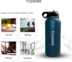 Tigrar - Waterfles - Drinkfles - Thermosfles 1 Liter Dubbelwandig - RVS - (Staal) Blauw - Incl. Extra Dop 3 Rietjes En Reiniger -Keukenbenodigdheden Winkel 1200x1044