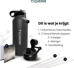 Tigrar - Drinkfles - Waterfles - Thermosfles 1 Liter - RVS - (Grafiet) Zwart - Incl. Extra Dop 3 Rietjes En Reiniger -Keukenbenodigdheden Winkel 1200x1092