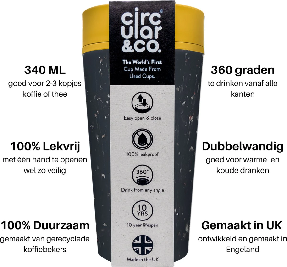 Circular&Co. Herbruikbare To Go Koffiebeker (rCUP) Zwart/geel 12oz/340ml 3 Circular&Co. Herbruikbare To Go Koffiebeker (rCUP) Zwart/geel 12oz/340ml - Afbeelding 3