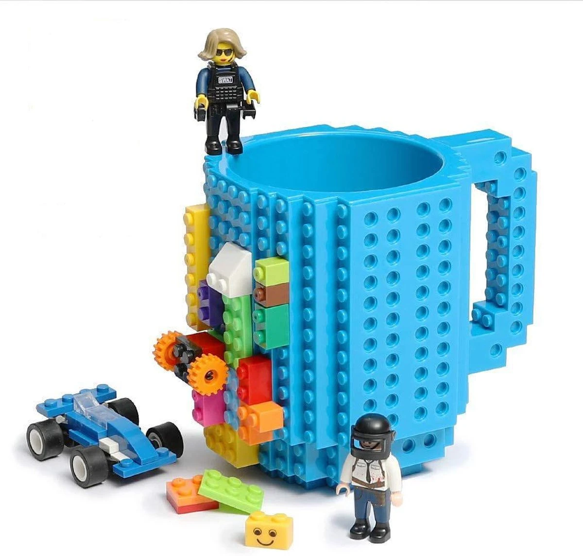 Merkloos Build On Brick Mug - Licht Blauw - 350 Ml - Bouw Je Eigen Mok Met Bouwsteentjes - BPA Vrije Drinkbeker Cadeau Voor Kinderen Of Volwassenen - Koffie Thee Limonade Of Andere Dranken - Pennenbeker - Creatief Accessoire Voor Op Bureau -HnD