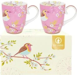 PIP Studio Set Van 2 Pink Early Birds Mugs Large In Gift Box
