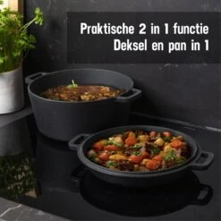 Daumonet Ducasse Gietijzeren Double Use Braadpan - Combi Sudderpan Zwart - 2-in-1 Bak- En Braadpan - PFAS & PFOA Vrij - Rond - Ø 26 Cm - 4,4 Liter - Emaille - Alle Warmtebronnen - Elektrisch - Gas - Halogeen - Inductie - Keramisch -Keukenbenodigdheden Winkel 1200x1200 1200