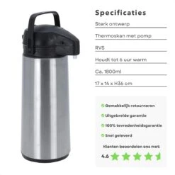 Cheqo® Thermos Pomp - 1.8L Roestvrij Staal - Isoleerkan Met Pomp - Thermoskan Met Pomp - Zwarte Dop & Handvat - Houdt 6 Uur Warm - 1800ml - Afmeting 17x14x36cm -Keukenbenodigdheden Winkel 1200x1200 123