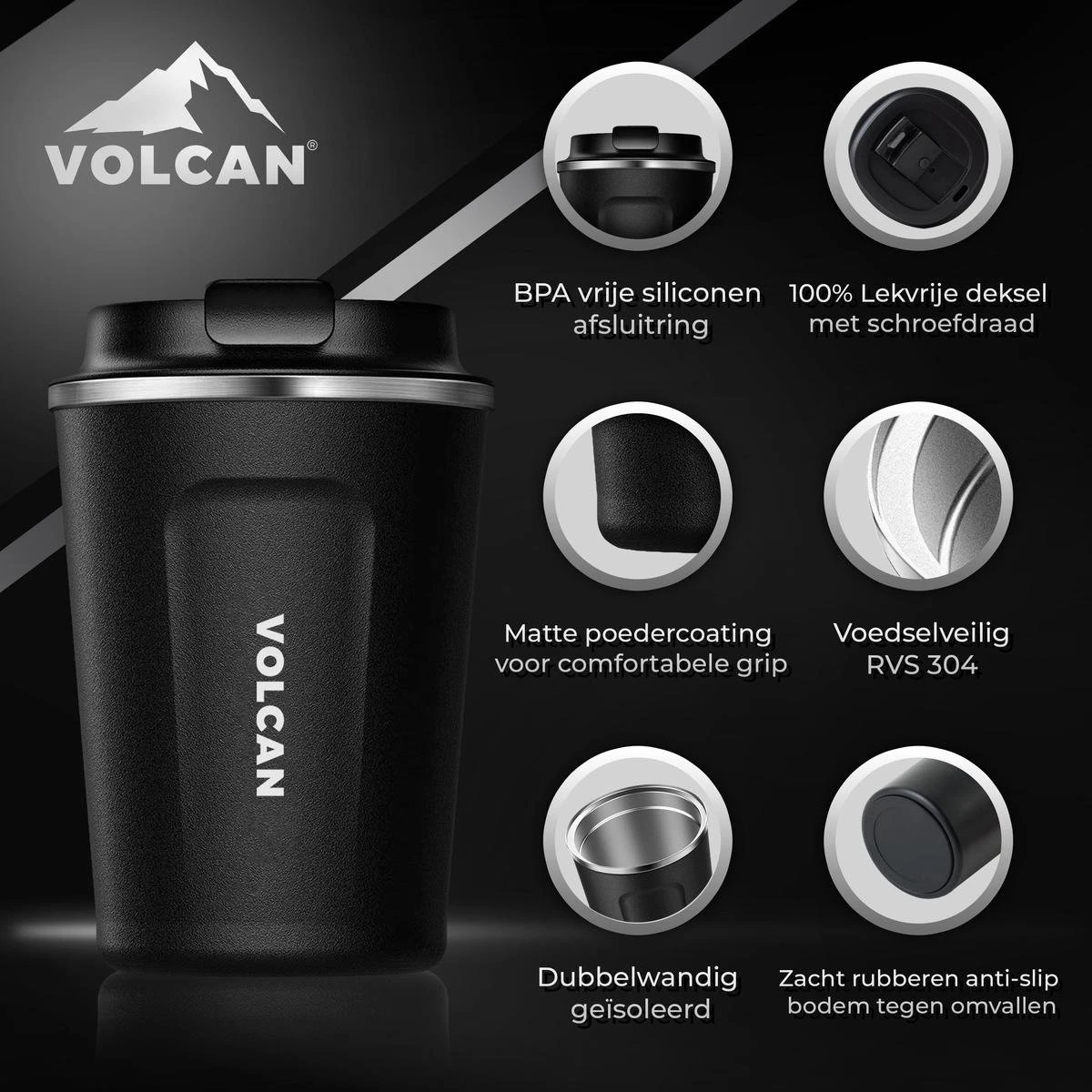 Volcan RVS Koffiebeker To Go - Thermosbeker - Theebeker - Coffee - Zwart 10 Volcan RVS Koffiebeker To Go - Thermosbeker - Theebeker - Coffee - Zwart - Afbeelding 10