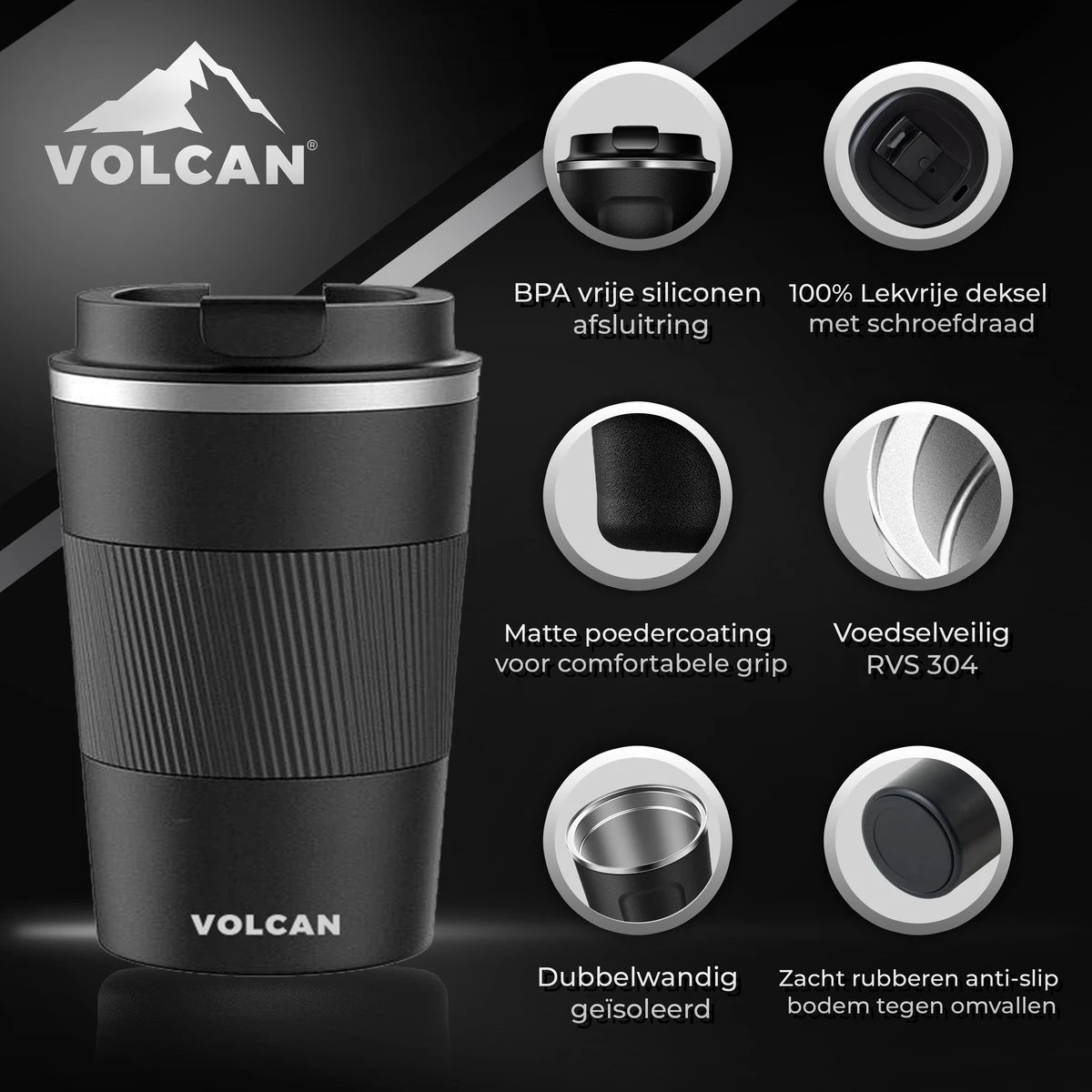 Volcan RVS Koffiebeker To Go Met Sleeve - Thermosbeker - Theebeker - Coffee - Zwart 8 Volcan RVS Koffiebeker To Go Met Sleeve - Thermosbeker - Theebeker - Coffee - Zwart - Afbeelding 8
