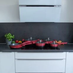 Herenthal Pannenset Inductie - Luxe 10-delige Koekenpan Inductie - Voor Alle Warmtebronnen - Pannen Met Glazen Deksels En Koudgrepen - Rood / Zwart- 6 Pannen -Keukenbenodigdheden Winkel 1200x1200 720