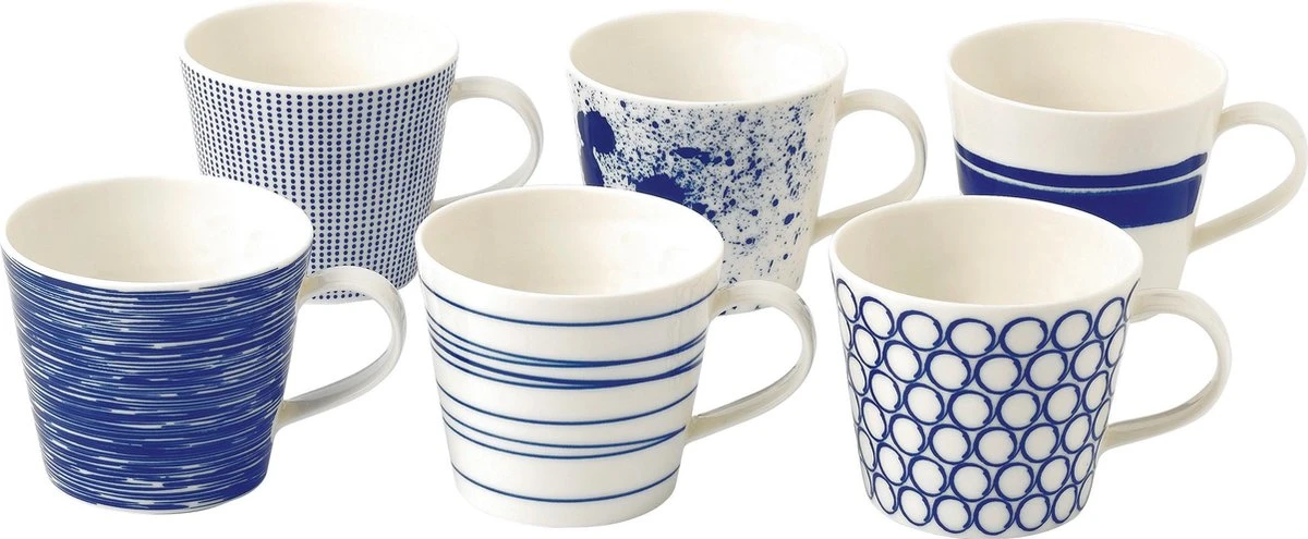 Royal Doulton Pacific - 6x Mok / Beker - Porselein - Wit / Blauw - 450 Ml - Set Van 6 Mokken 1 Royal Doulton Pacific - 6x Mok / Beker - Porselein - Wit / Blauw - 450 Ml - Set Van 6 Mokken