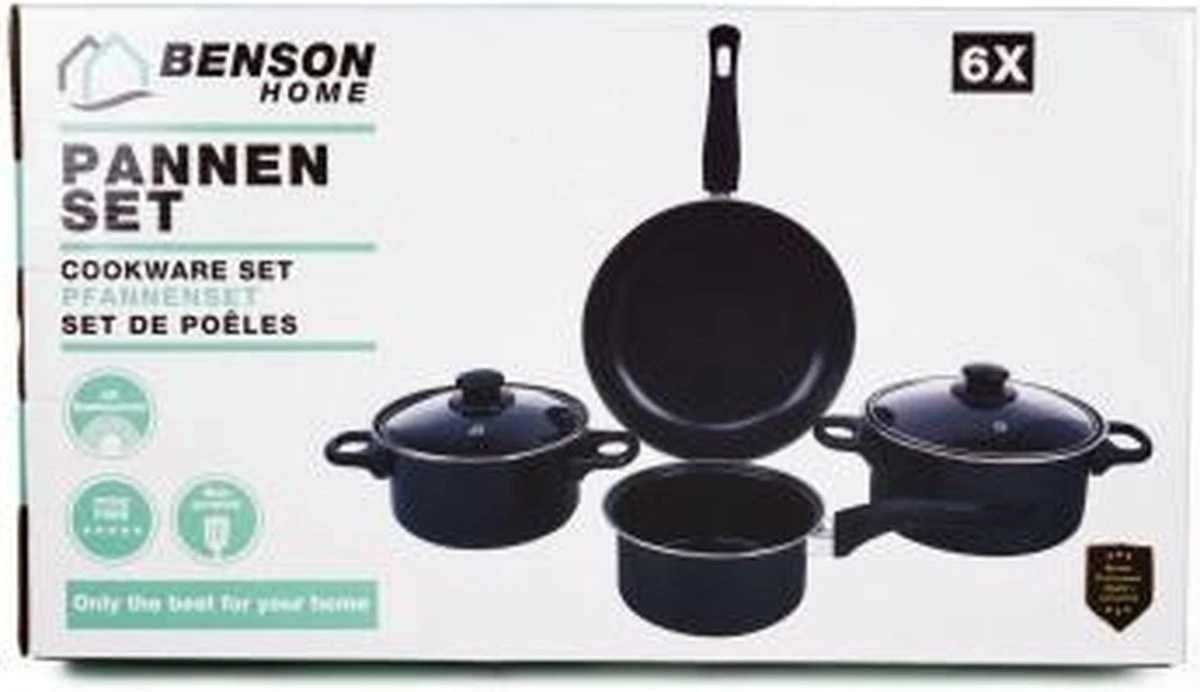 Benson Pannenset 6 Delig - Carbon Staal 0,8 Mm Met Glazen Deksels 2 Benson Pannenset 6 Delig - Carbon Staal 0,8 Mm Met Glazen Deksels - Afbeelding 2