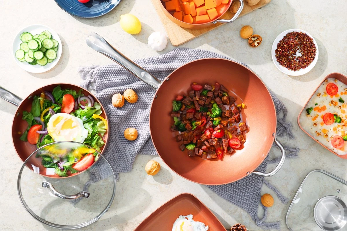 Swiss Pro+ - SP-WK28C - Aluminium Wokpan 28 Cm - Geschikt Voor Alle Warmtebronnen - Koper 3 Swiss Pro+ - SP-WK28C - Aluminium Wokpan 28 Cm - Geschikt Voor Alle Warmtebronnen - Koper - Afbeelding 3