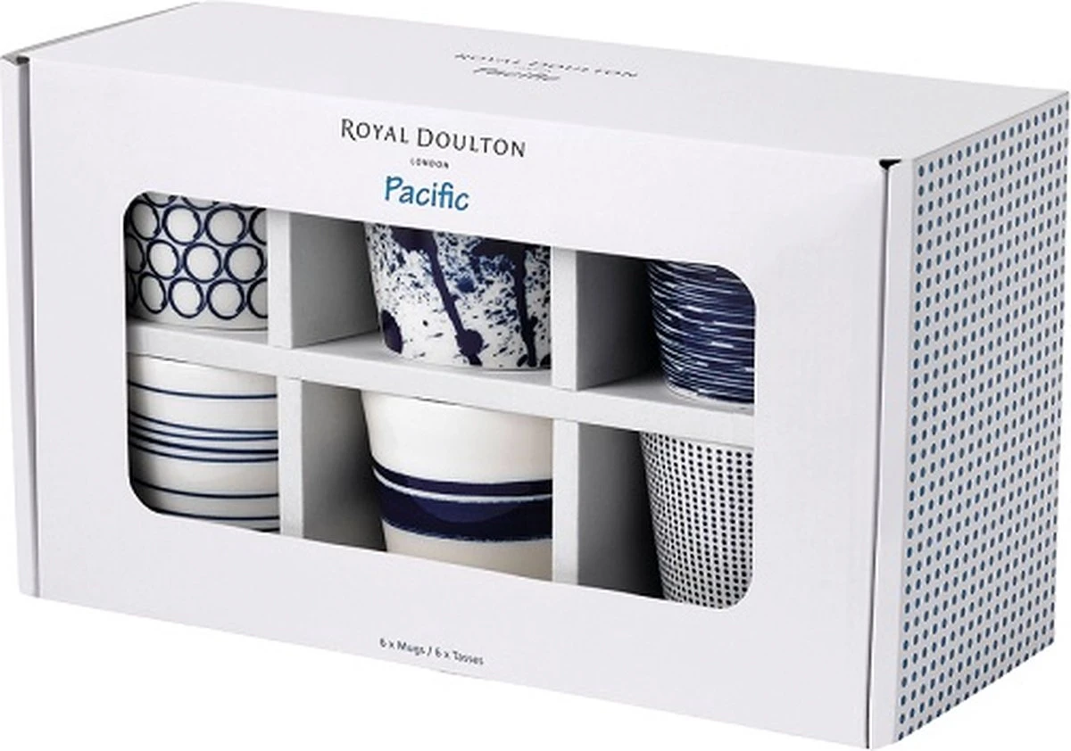 Royal Doulton Pacific - 6x Mok / Beker - Porselein - Wit / Blauw - 450 Ml - Set Van 6 Mokken 8 Royal Doulton Pacific - 6x Mok / Beker - Porselein - Wit / Blauw - 450 Ml - Set Van 6 Mokken - Afbeelding 8