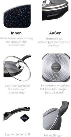 Cheffinger Koekenpan - Met Deksel - Marmeren Coating - 26 Cm - Zwart -Keukenbenodigdheden Winkel 623x1200